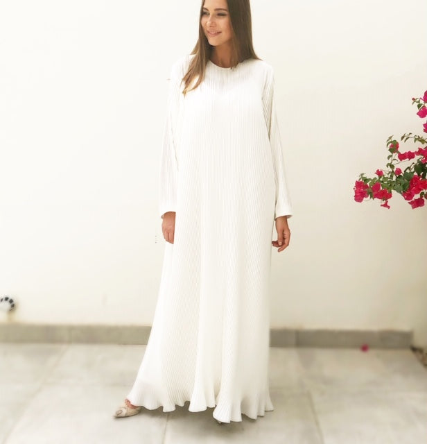 RAM19 PLEATED OFF- WHITE CREPE DRESS WITH LONG SLEEVES