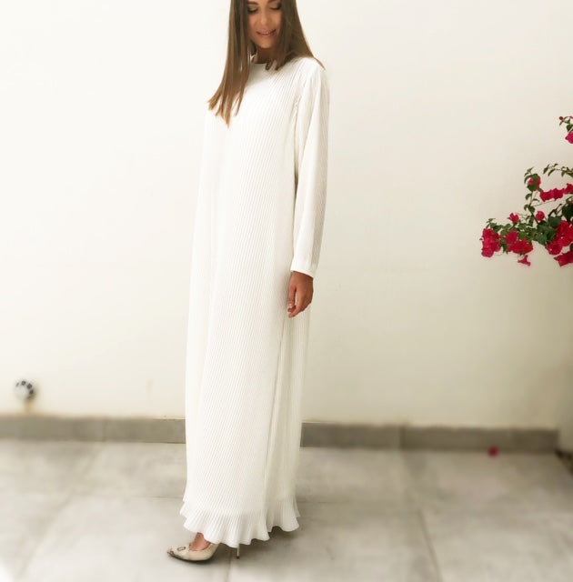 RAM19 PLEATED OFF- WHITE CREPE DRESS WITH LONG SLEEVES