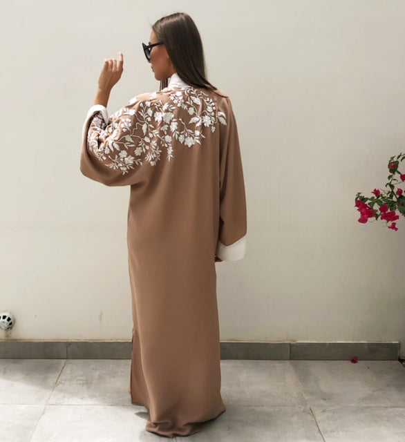 RAM19 SAKURA  BISCUIT ABAYA WITH CHIFFON TIE &  EMBROIDERY