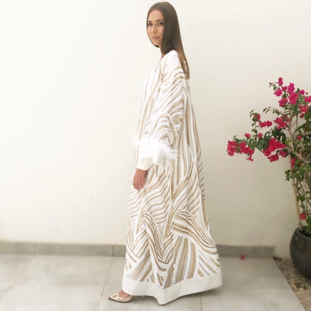 RAM19 MARIAM TULLE WITH SEQUINS IN GOLD & WHITE EVENING ABAYA