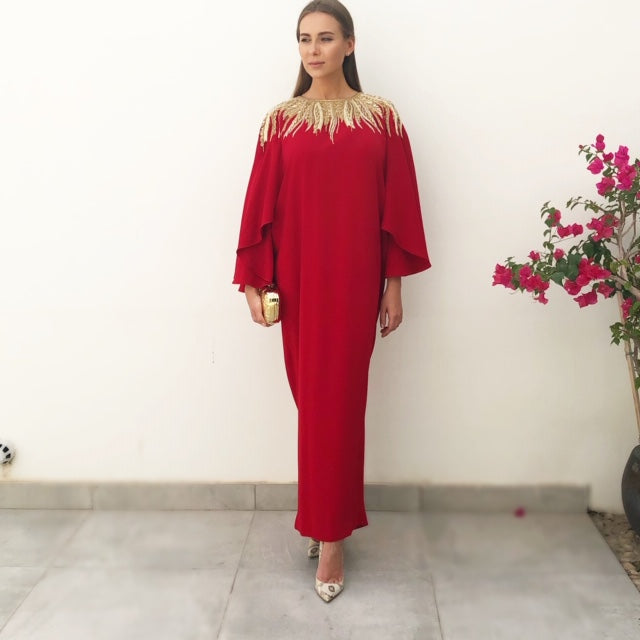 RAM19 SHAMSA RED CREPE DRESS WITH GOLD EMBELLISHMENT