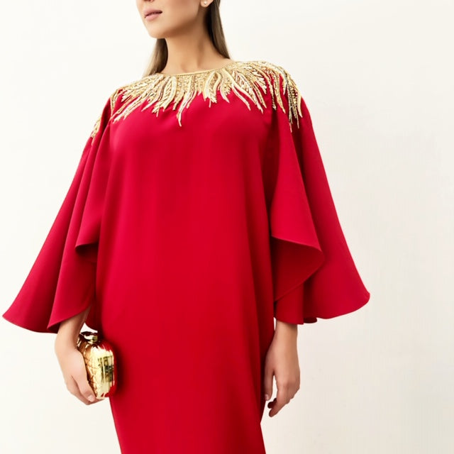 RAM19 SHAMSA RED CREPE DRESS WITH GOLD EMBELLISHMENT