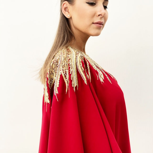 RAM19 SHAMSA RED CREPE DRESS WITH GOLD EMBELLISHMENT