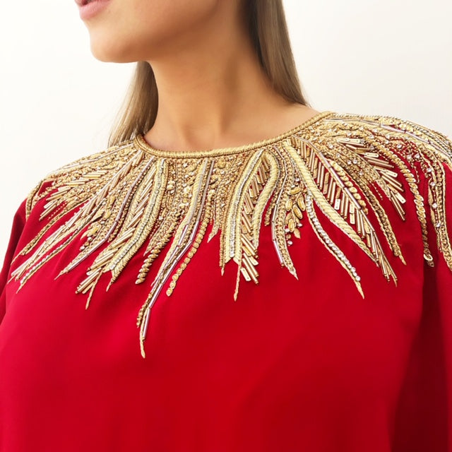 RAM19 SHAMSA RED CREPE DRESS WITH GOLD EMBELLISHMENT