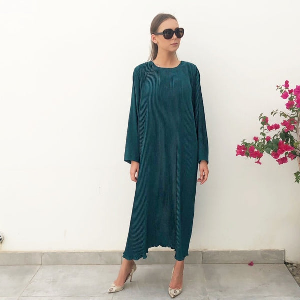 RAM19 PLEATED BOTTLE GREEN CREPE DRESS WITH LONG SLEEVES