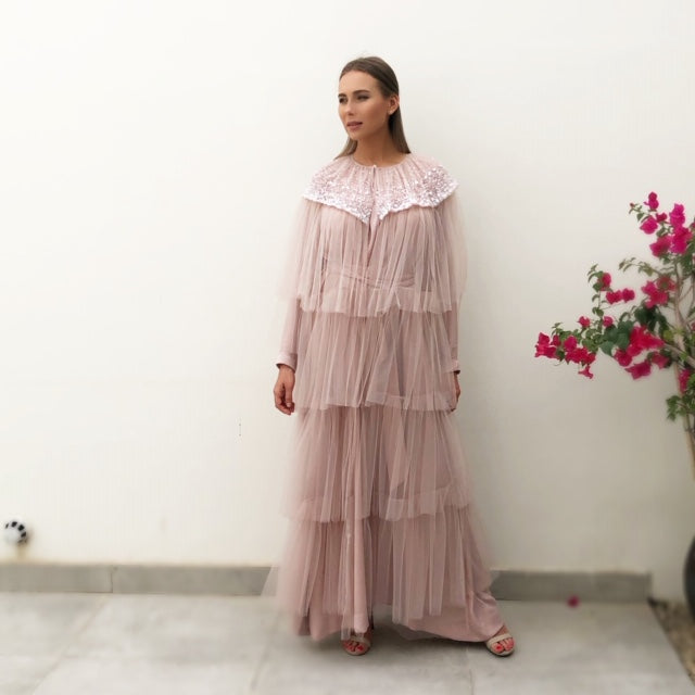 RAM19 AMNA BLUSH TULLE LAYERED ABAYA WITH SEQUINS