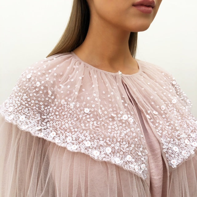 RAM19 AMNA BLUSH TULLE LAYERED ABAYA WITH SEQUINS