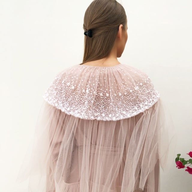 RAM19 AMNA BLUSH TULLE LAYERED ABAYA WITH SEQUINS