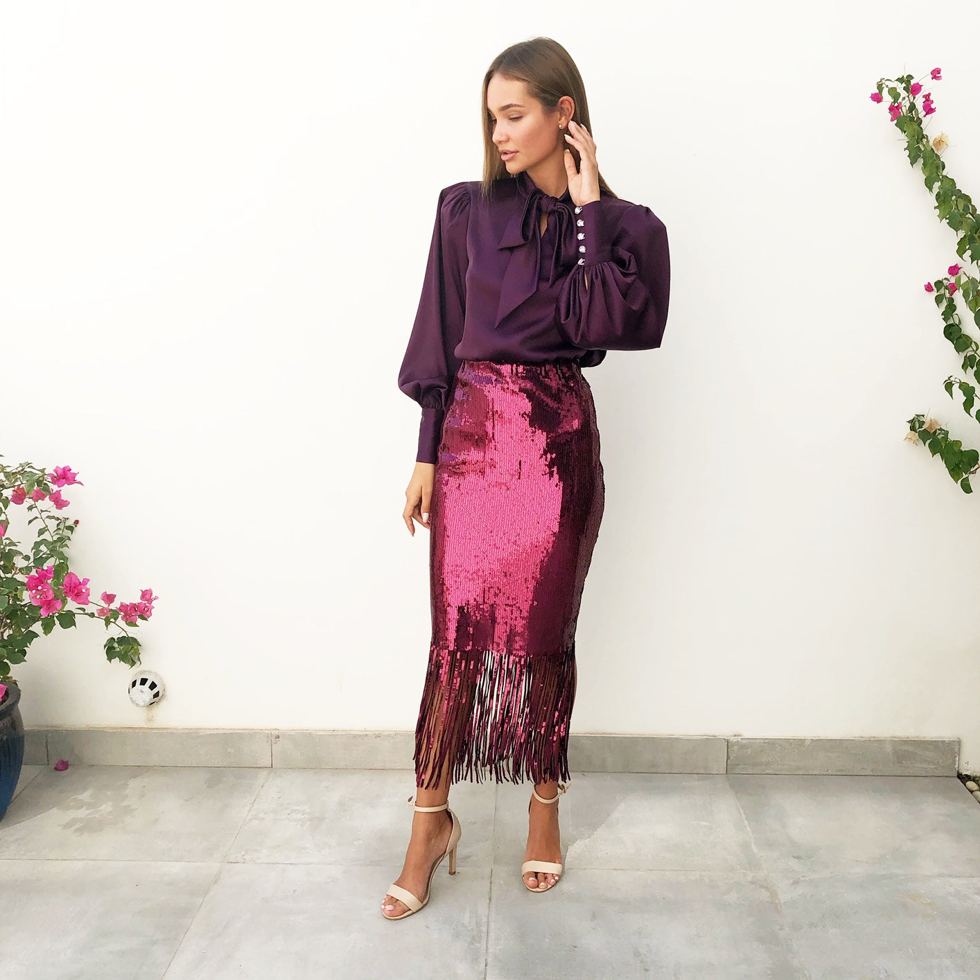 AW18 MAROON SEQUINS SKIRT WITH SEQUINS FRINGES