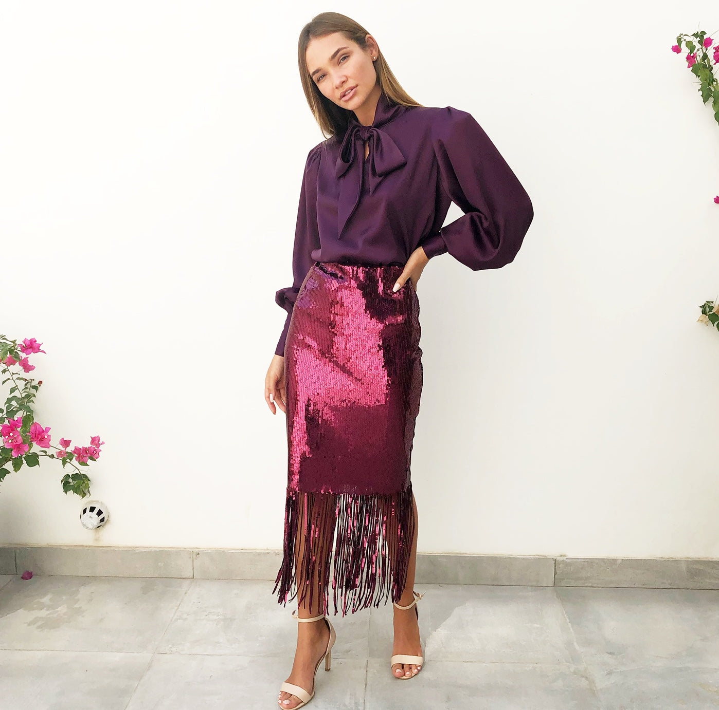 AW18 MAROON SEQUINS SKIRT WITH SEQUINS FRINGES