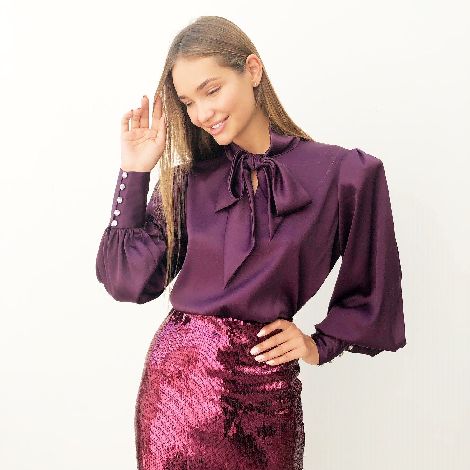 AW18 AUBERGINE SATIN FULL SLEEVE BLOUSE