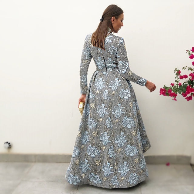 RAM19 MARIE BLUE BROCADE DRESS WITH TULLE UNDERSKIRT