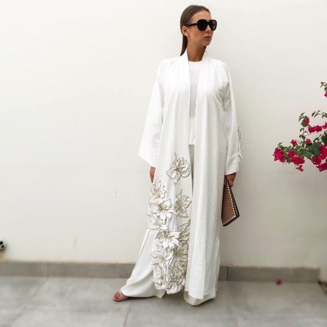 RAM19 SARAH WHITE LINEN BROCADE APPLIQUE ABAYA