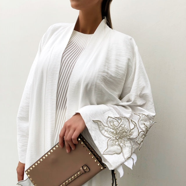 RAM19 SARAH WHITE LINEN BROCADE APPLIQUE ABAYA