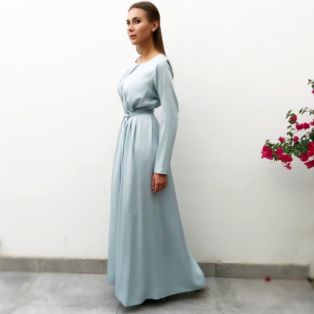 RAM19 PALE BLUE LONG SLEEVE TUNIC DRESS WITH PIN TUCKS