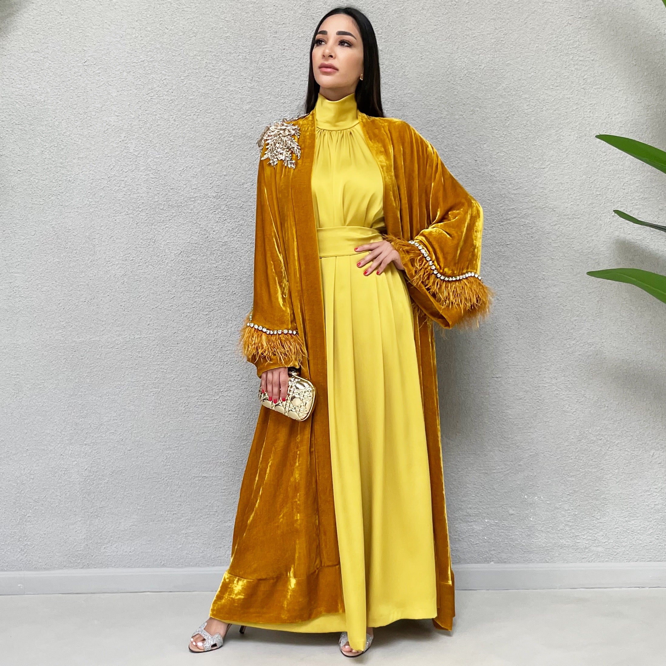 AW 21 AMANI MUSTARD SILK EVENING ABAYA
