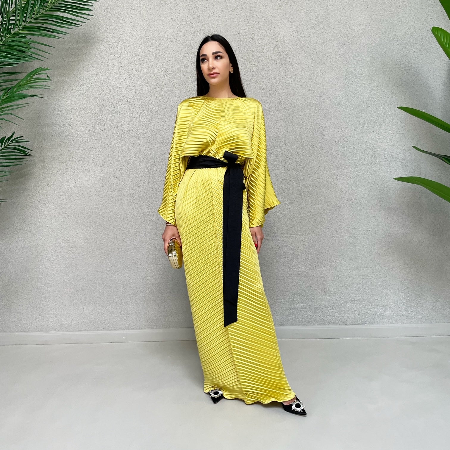 AW 21 CANARY YELLOW PLEATED KAFTAN WITH CONTRAST BELT