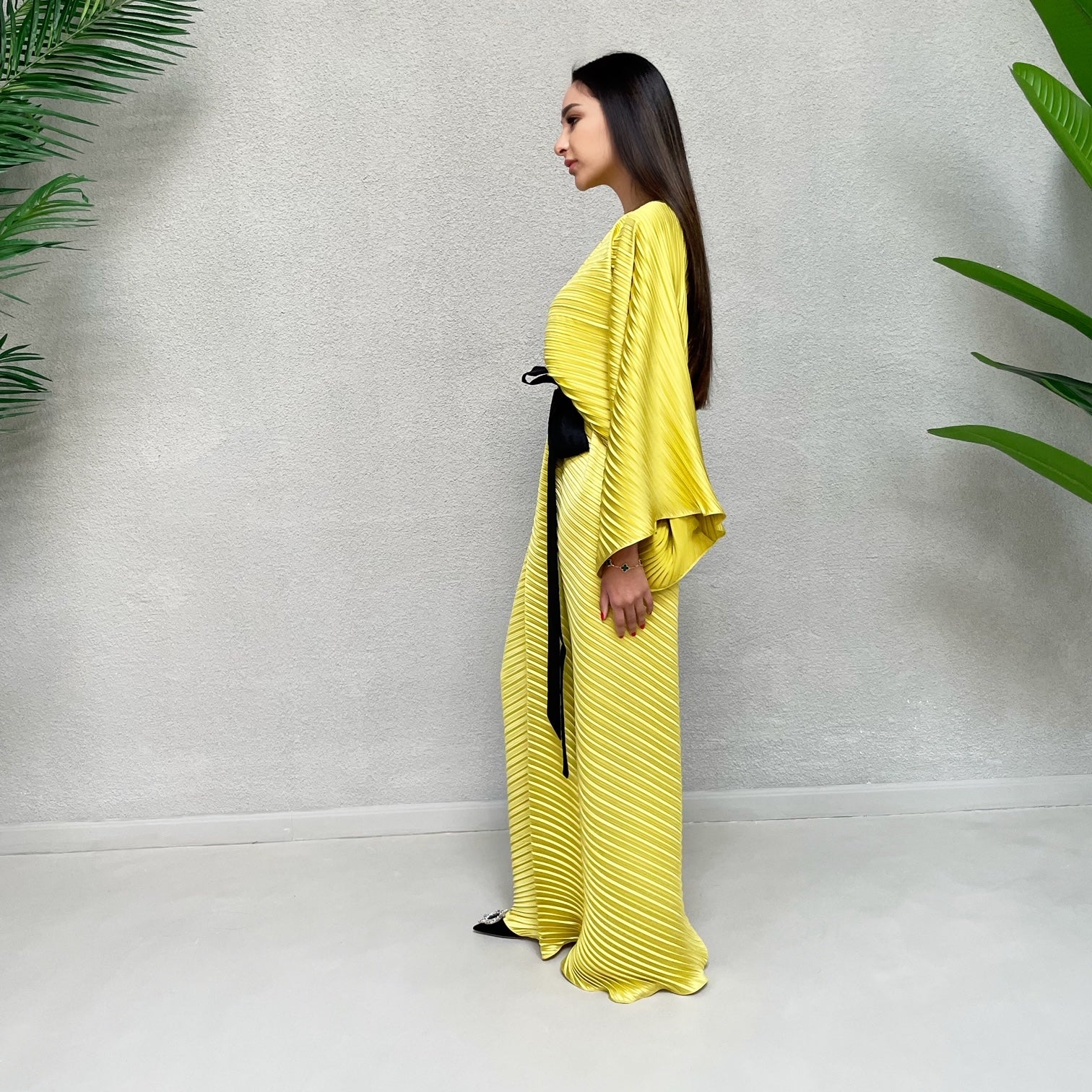AW 21 CANARY YELLOW PLEATED KAFTAN WITH CONTRAST BELT