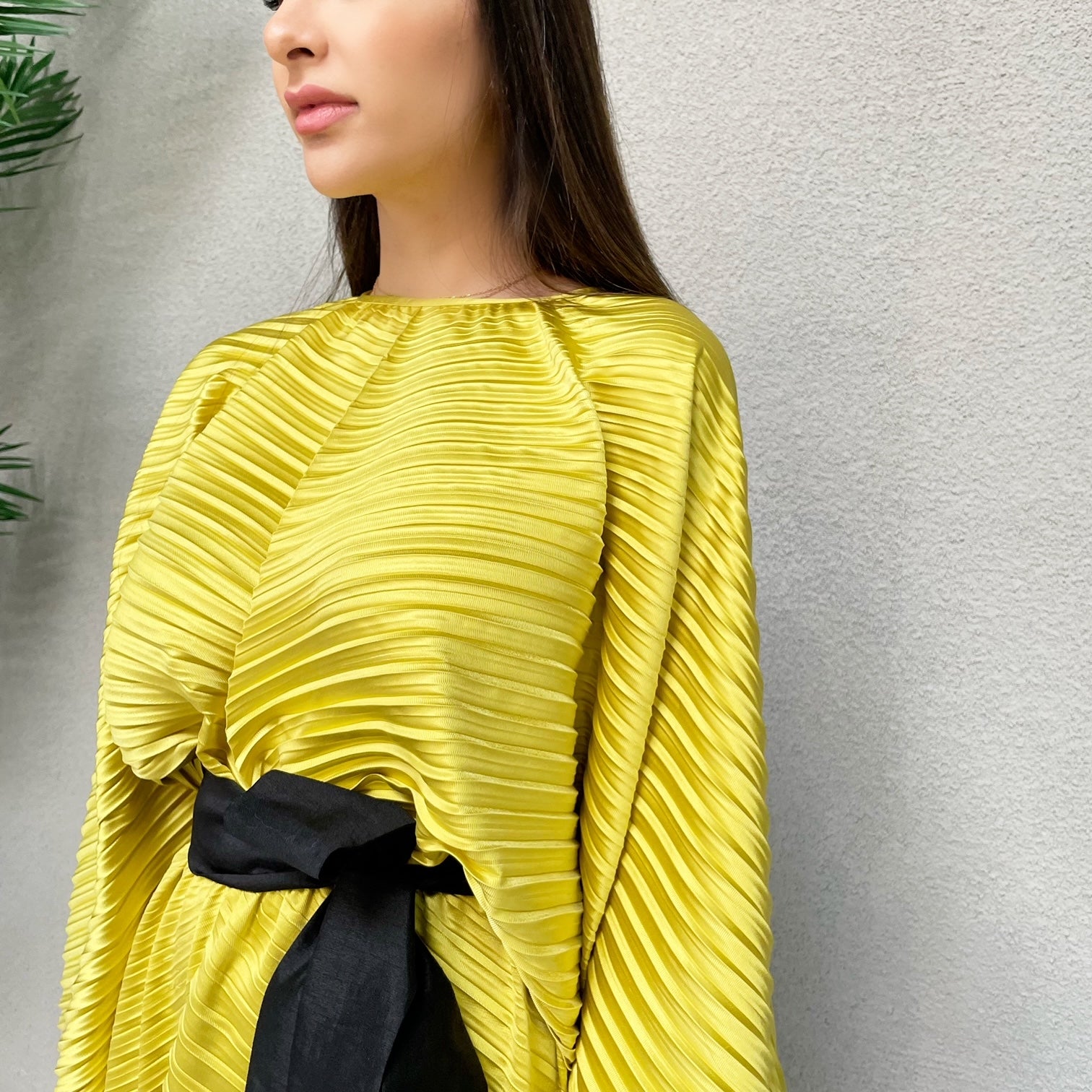 AW 21 CANARY YELLOW PLEATED KAFTAN WITH CONTRAST BELT