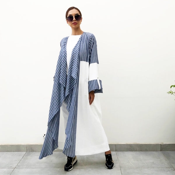 AW19 STYLISH BLUE STRIPE COLOUR BLOCK LINEN ABAYA