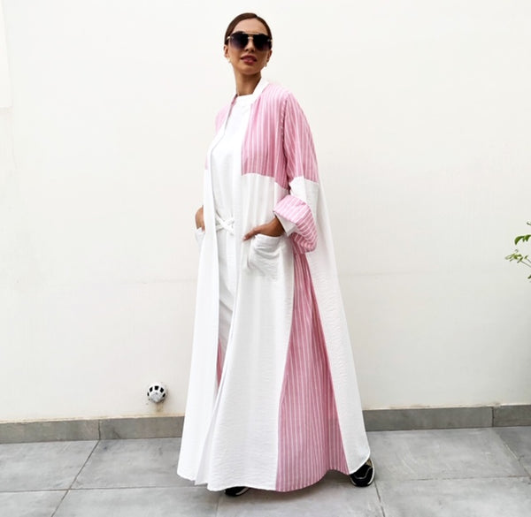 AW19 STYLISH PINK STRIPE COLOUR BLOCK LINEN ABAYA