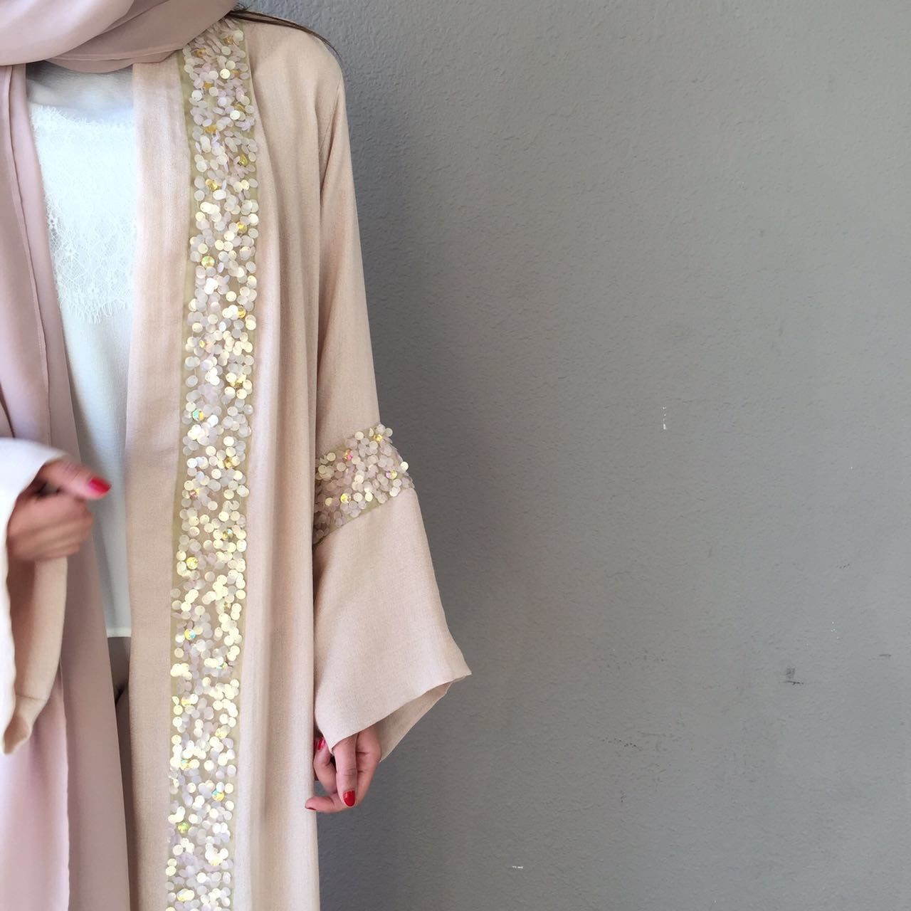 Limited Edition Dusty pink Linen Evening Abaya with Sequins detailing