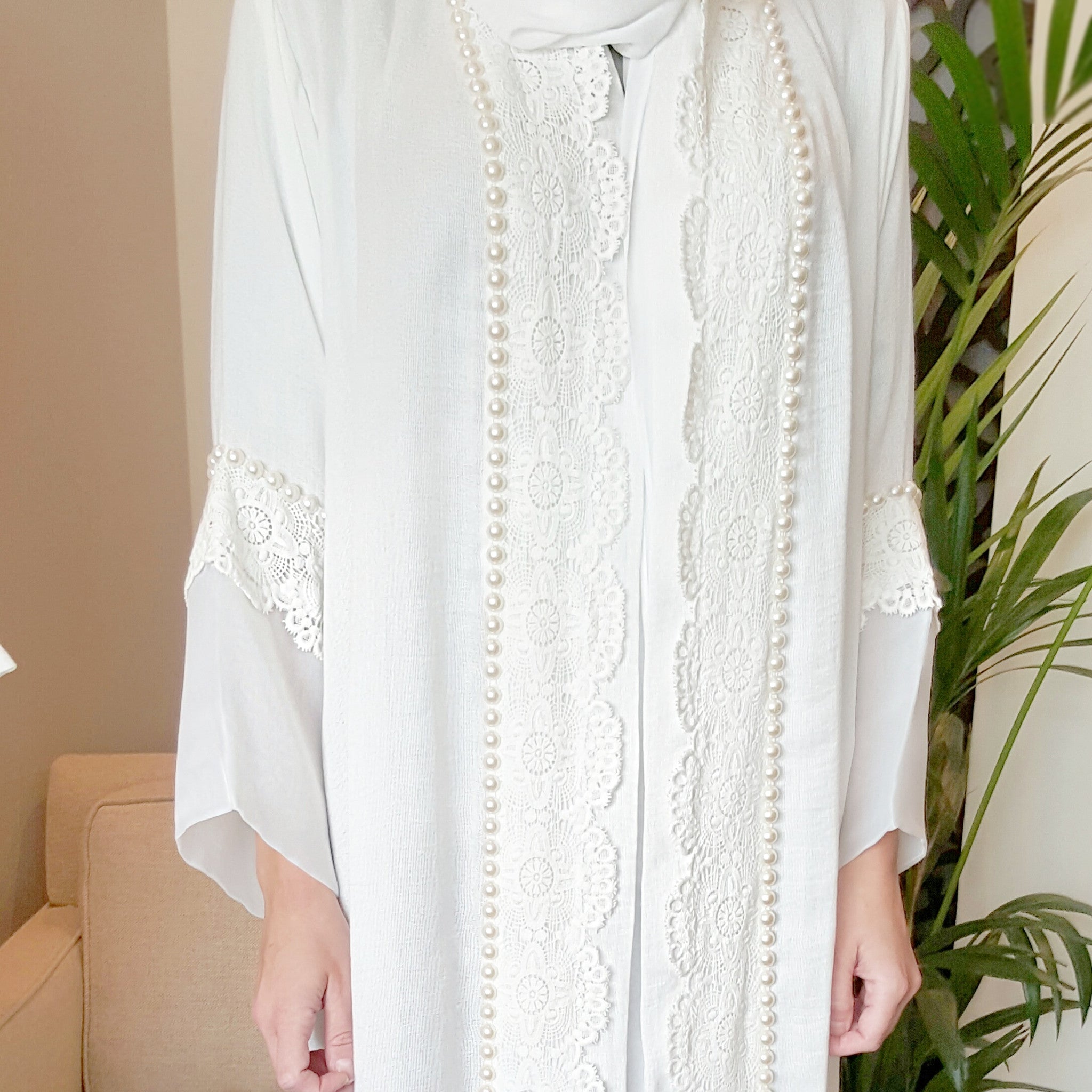 Limited edition White linen abaya with French lace & pearls