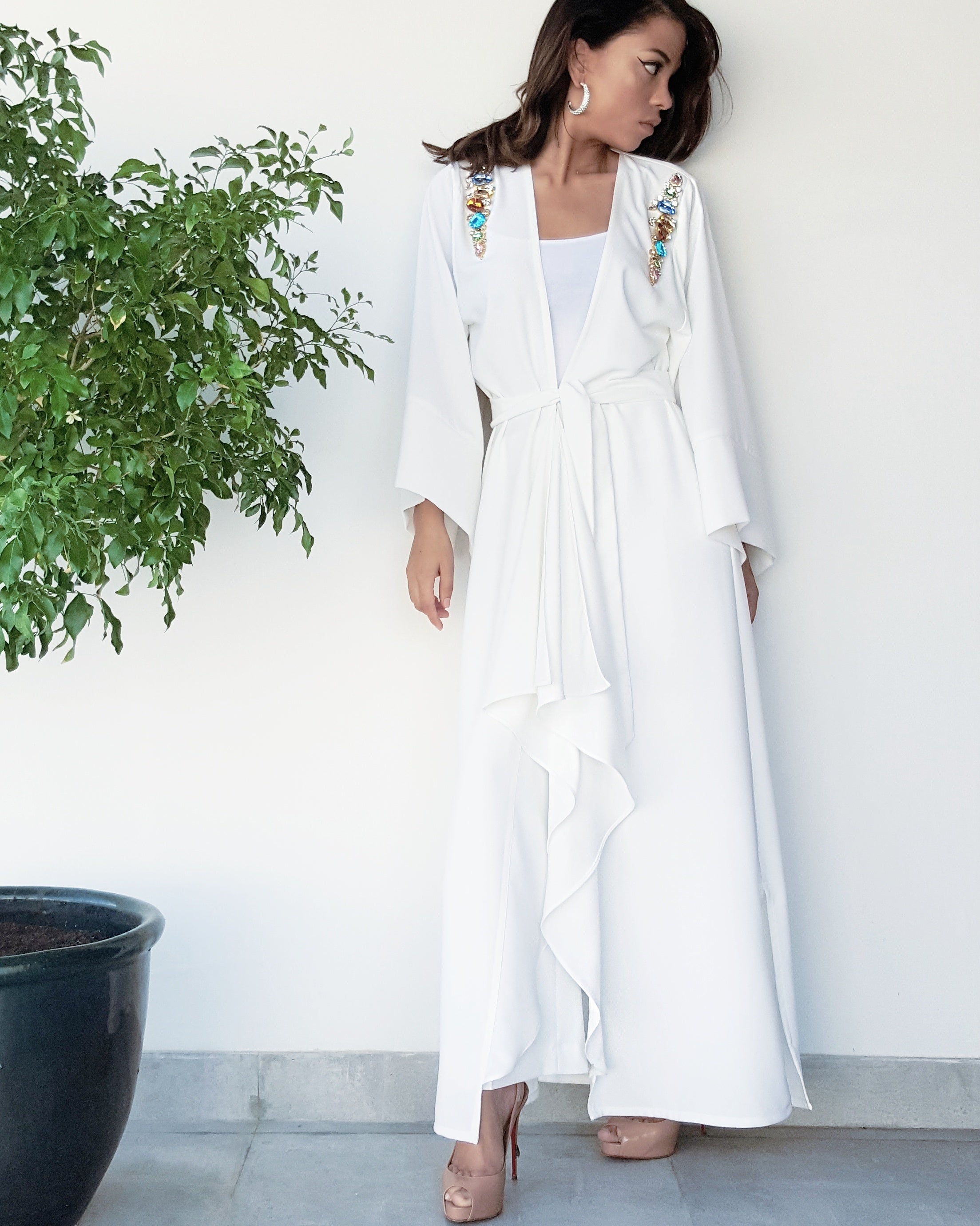 SS18 WHITE CREPE SEMI WATERFALL SWAROVSKI ABAYA