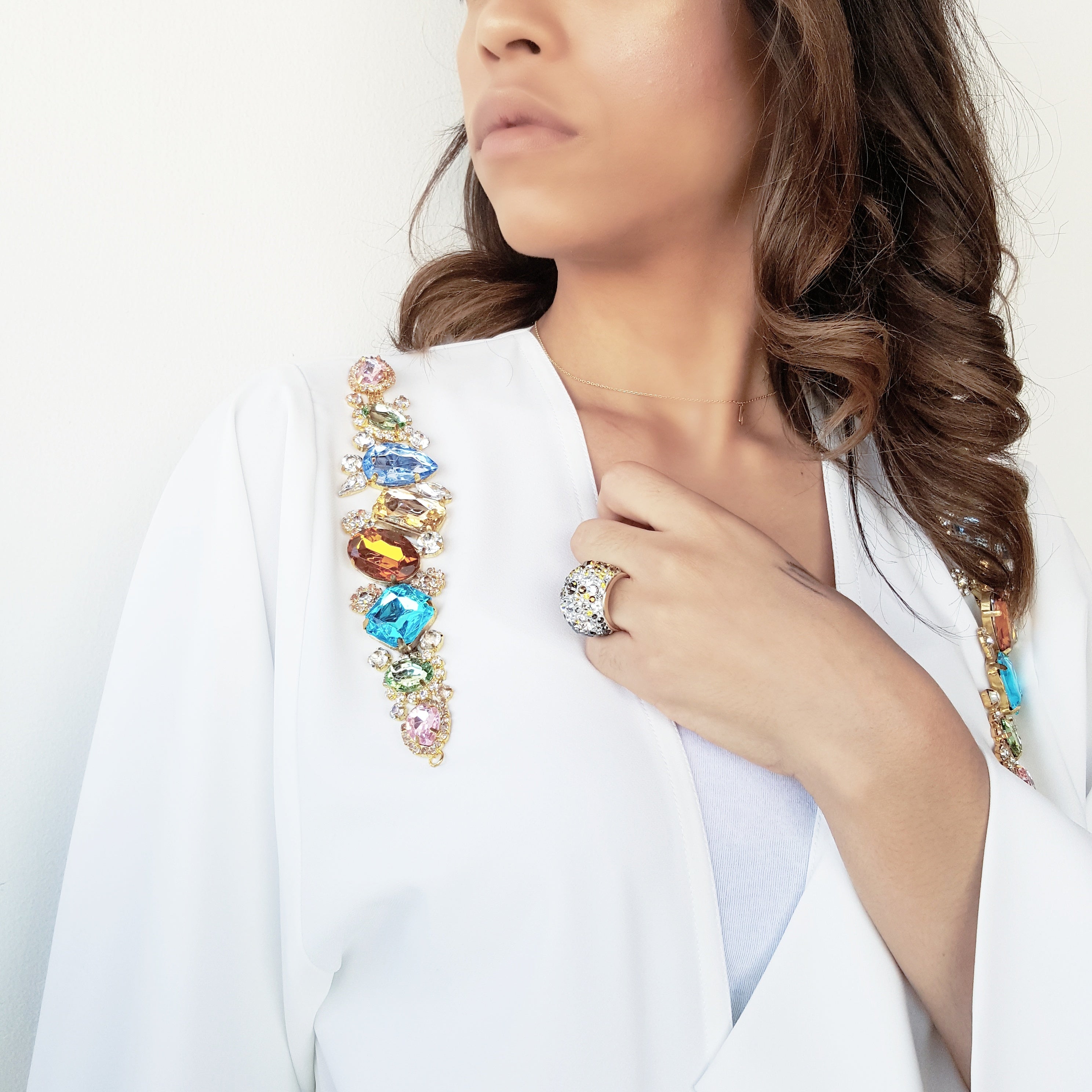 SS18 WHITE CREPE SEMI WATERFALL SWAROVSKI ABAYA