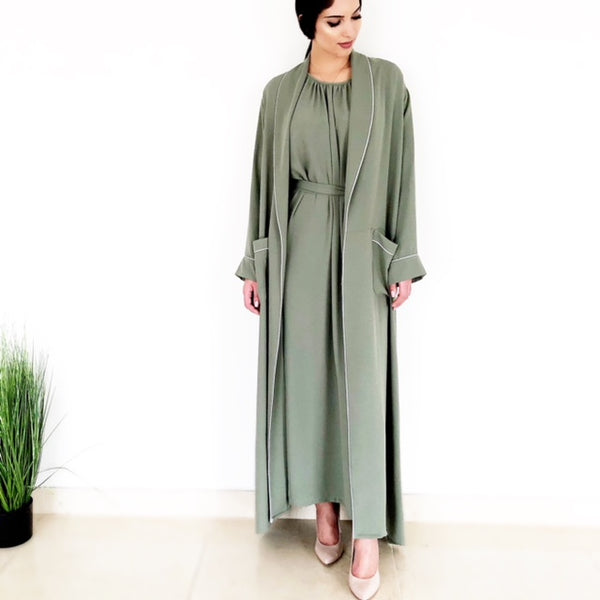AW18 MOSS GREEN ROBE ABAYA WITH CONTRAST PIPING
