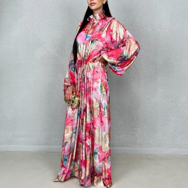 SS22 PINK FLORAL LAME CHIFFON MAXI DRESS