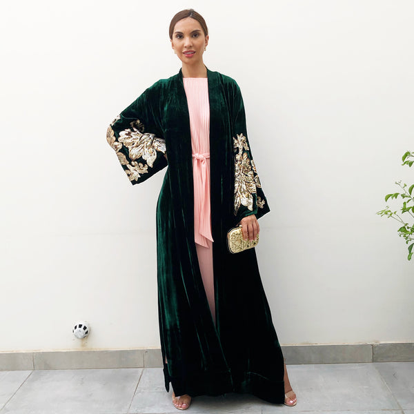 RAMADAN 18 EMERALD GREEN GOLD SEQUINS VELVET ABAYA