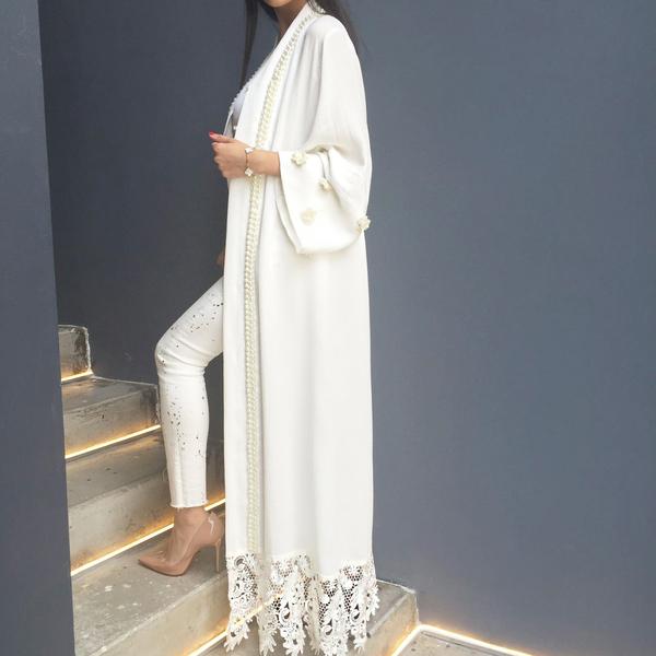 Limited Edition White Crepe Georgette Evening Abaya with Pearls